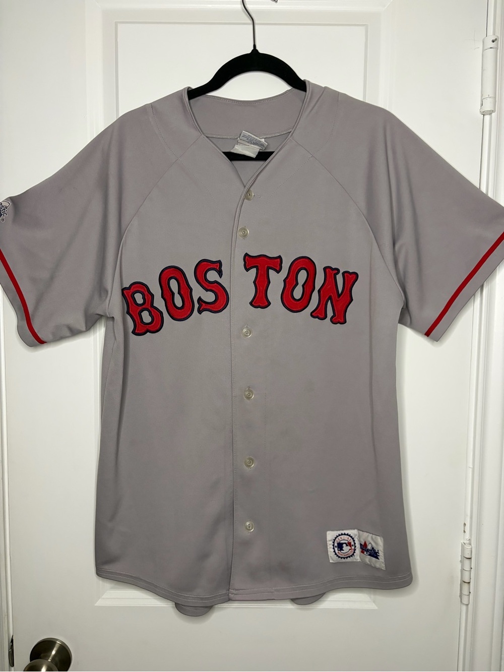 Majestic Gray Boston Button-Up Jersey with Red Lettering